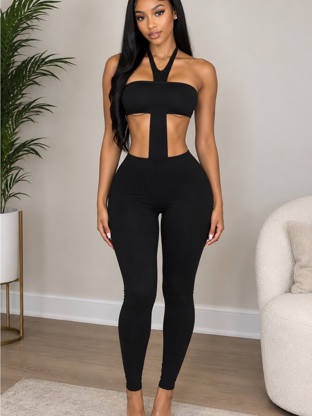 Black Cutout Halter Jumpsuit - Women